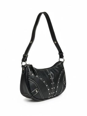 This is a black faux-leather shoulder bag styled with a distinct Y2K or western-